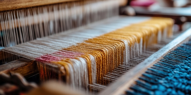 a close up view of a weaving loom with colorful threads, showing the art of textile creation.